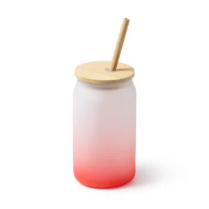 Vaso de cristal con pajita Stamina Dalby 4202, rojo, vista superior del vaso con tapa y pajita en perspectiva