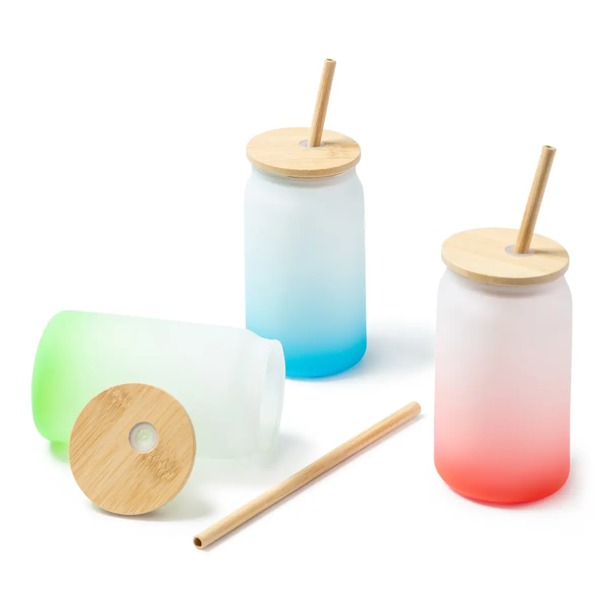 Vaso de cristal con pajita Stamina Dalby 4202 6 Vaso de cristal con pajita Stamina Dalby 4202, vista conjunta de los tres colores con un vaso tumbado