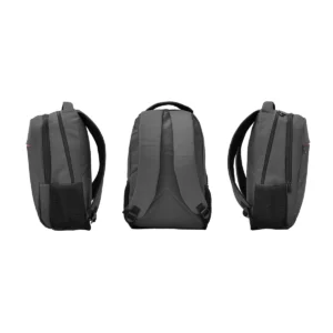 Mochila jaspeada Stamina Chucao 7146, negro vigoré, vistas lateral y posterior de la mochila