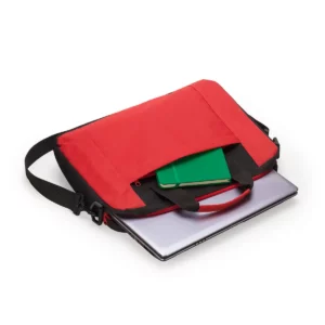 Portadocumentos para portátil Stamina Lora 7515, rojo, vista del portadocumentos abierto con objetos como ejemplo de uso