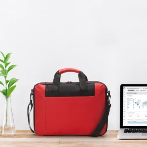 Portadocumentos para portátil Stamina Lora 7515, rojo, ejemplo de uso del portadocumentos sobre una mesa
