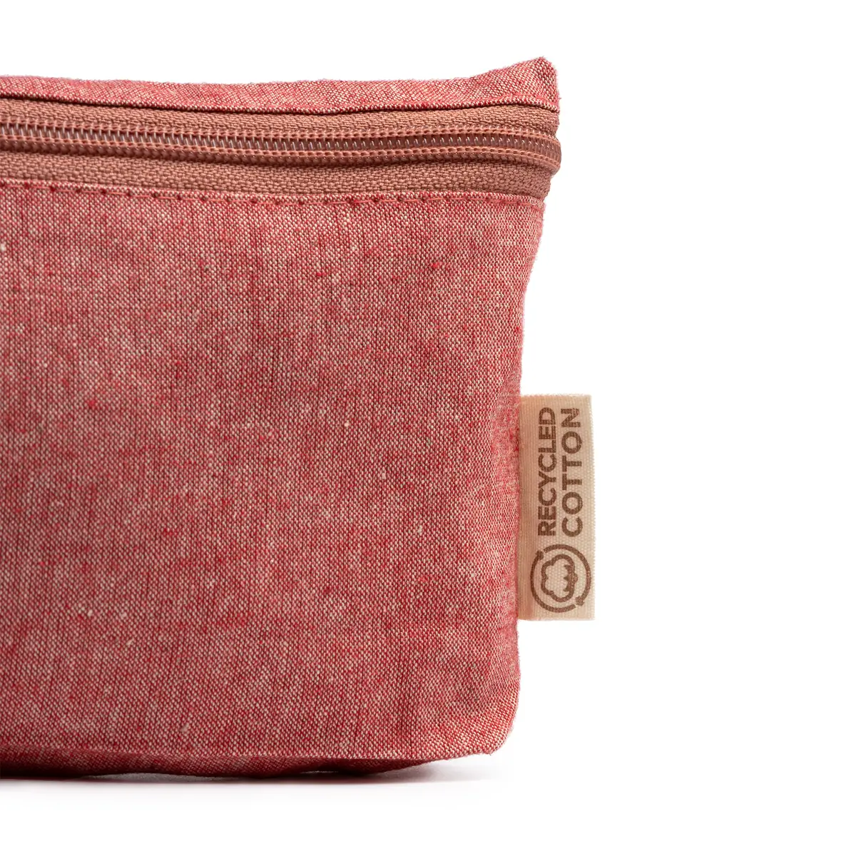 Neceser de algodón reciclado Stamina Remo 7562 8 Neceser de algodón reciclado Stamina Remo 7562, rojo jaspeado, detalle del tejido y la etiqueta de algodón reciclado