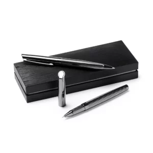Set roller y portaminas Stamina Reydon 7993, acabado oscuro, roller sin capuchón junto al portaminas y el estuche