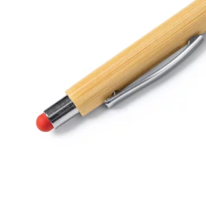 Bolígrafo de bambú con puntero Stamina Pampa 8019, bambú con puntero rojo, detalle del puntero táctil y el clip