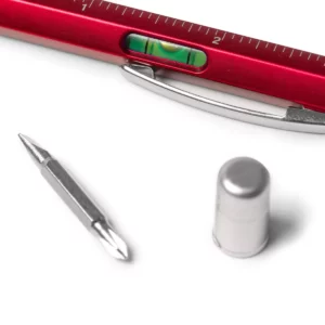 Bolígrafo multiherramienta Stamina Kanchan 8024, rojo, detalle del nivel y la punta reversible del destornillador