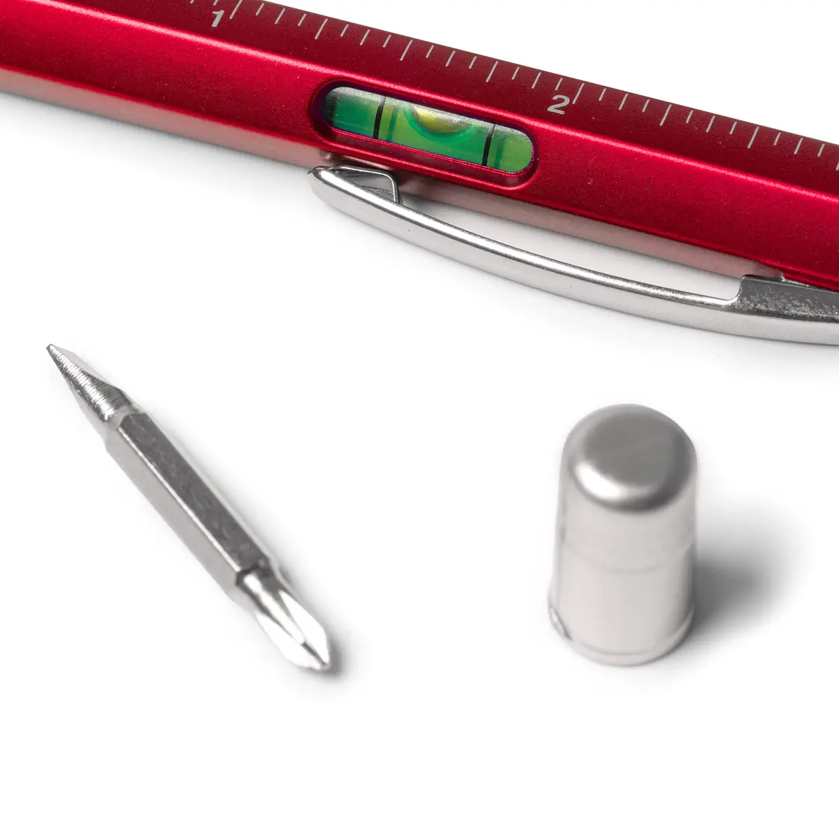 Bolígrafo multiherramienta Stamina Kanchan 8024 11 Bolígrafo multiherramienta Stamina Kanchan 8024, rojo, detalle del nivel y la punta reversible del destornillador