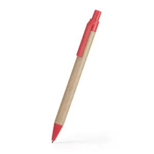 Bolígrafo de cartón reciclado Stamina Grove 8029, cartón con detalles rojos, vista del bolígrafo en perspectiva