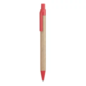 Bolígrafo de cartón reciclado Stamina Grove 8029, cartón con detalles rojos, vista frontal del bolígrafo