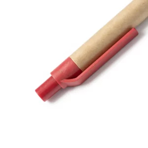 Bolígrafo de cartón reciclado Stamina Grove 8029, cartón con detalles rojos, detalle del pulsador y el clip