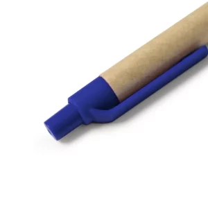 Bolígrafo Stamina Alder 8079, cartón con detalles azules, detalle del pulsador y el clip
