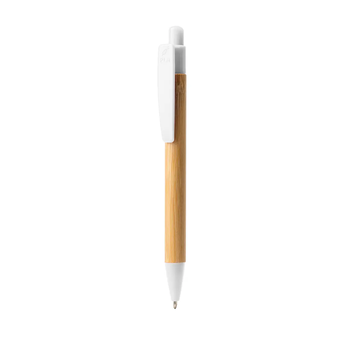 Bolígrafo de bambú y PLA Stamina Gildon 8080 1 Bolígrafo de bambú y PLA Stamina Gildon 8080, bambú con detalles blancos, vista frontal del bolígrafo