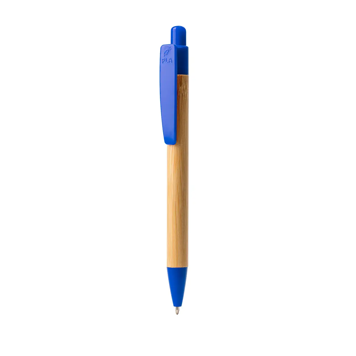 Bolígrafo de bambú y PLA Stamina Gildon 8080 3 Bolígrafo de bambú y PLA Stamina Gildon 8080, bambú con detalles azules, vista frontal del bolígrafo