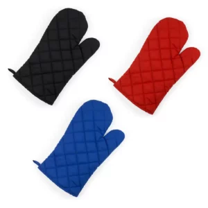 Manopla de cocina Stamina Roca 9132, vista conjunta de las manoplas en negro, rojo y royal