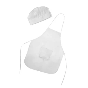Una unidad del pack de 10 delantales y gorros Stamina Jamie 9133, blanco, vista del delantal y el gorro a juego sin modelo