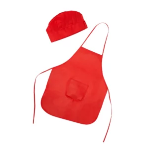 Una unidad del pack de 10 delantales y gorros Stamina Jamie 9133, rojo, vista del delantal y el gorro a juego sin modelo