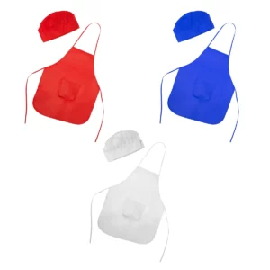 Una unidad del pack de 10 delantales y gorros Stamina Jamie 9133, vista conjunta de los conjuntos en rojo, royal y blanco