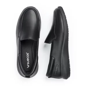 Mocasín de trabajo Suecos Blom negro, vista superior y lateral