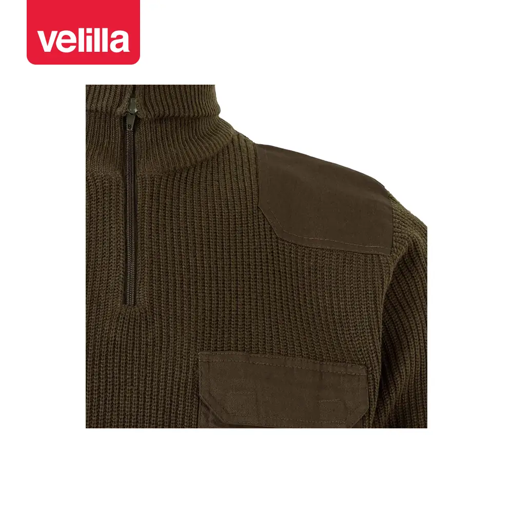 Jersey punto grueso cuello alto Velilla 101 16 Jersey punto grueso cuello alto Velilla 101 Verde caza, detalle de cuello y cierre de cremallera