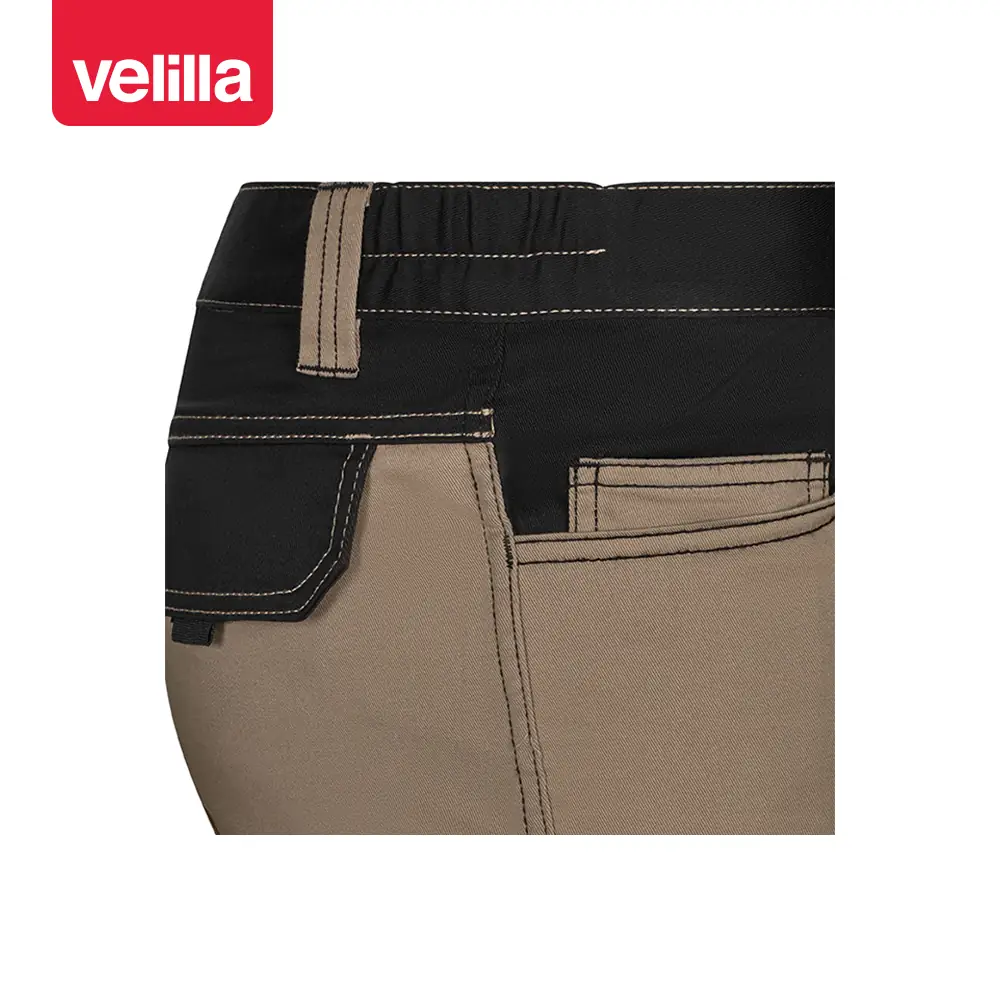 Pantalón stretch bicolor Velilla 103031S 19 Pantalón stretch bicolor Velilla 103031S Beige arena/Negro, detalle de refuerzo y cintura trasera