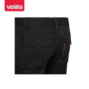 Bermudas stretch bicolor Velilla 103034S Negro/Naranja, detalle de cintura y bolsillos traseros