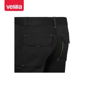 Bermudas stretch bicolor Velilla 103034S Negro/Verde lima, detalle de cintura y bolsillos traseros