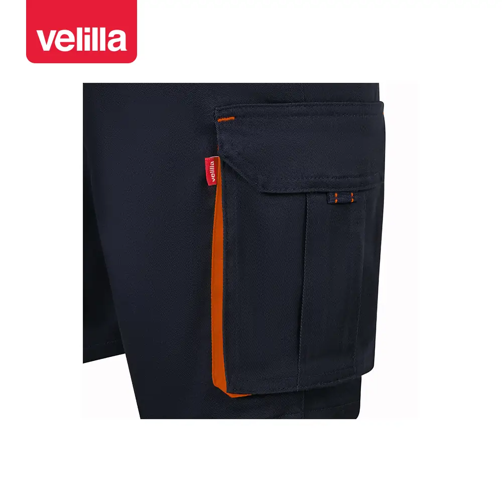 Bermudas stretch bicolor Velilla 103034S 25 Bermudas stretch bicolor Velilla 103034S Azul navy/Naranja, detalle de bolsillo lateral y contraste