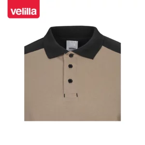 Polo stretch bicolor manga larga Velilla 105529S Beige arena/Negro, detalle de cuello y botones