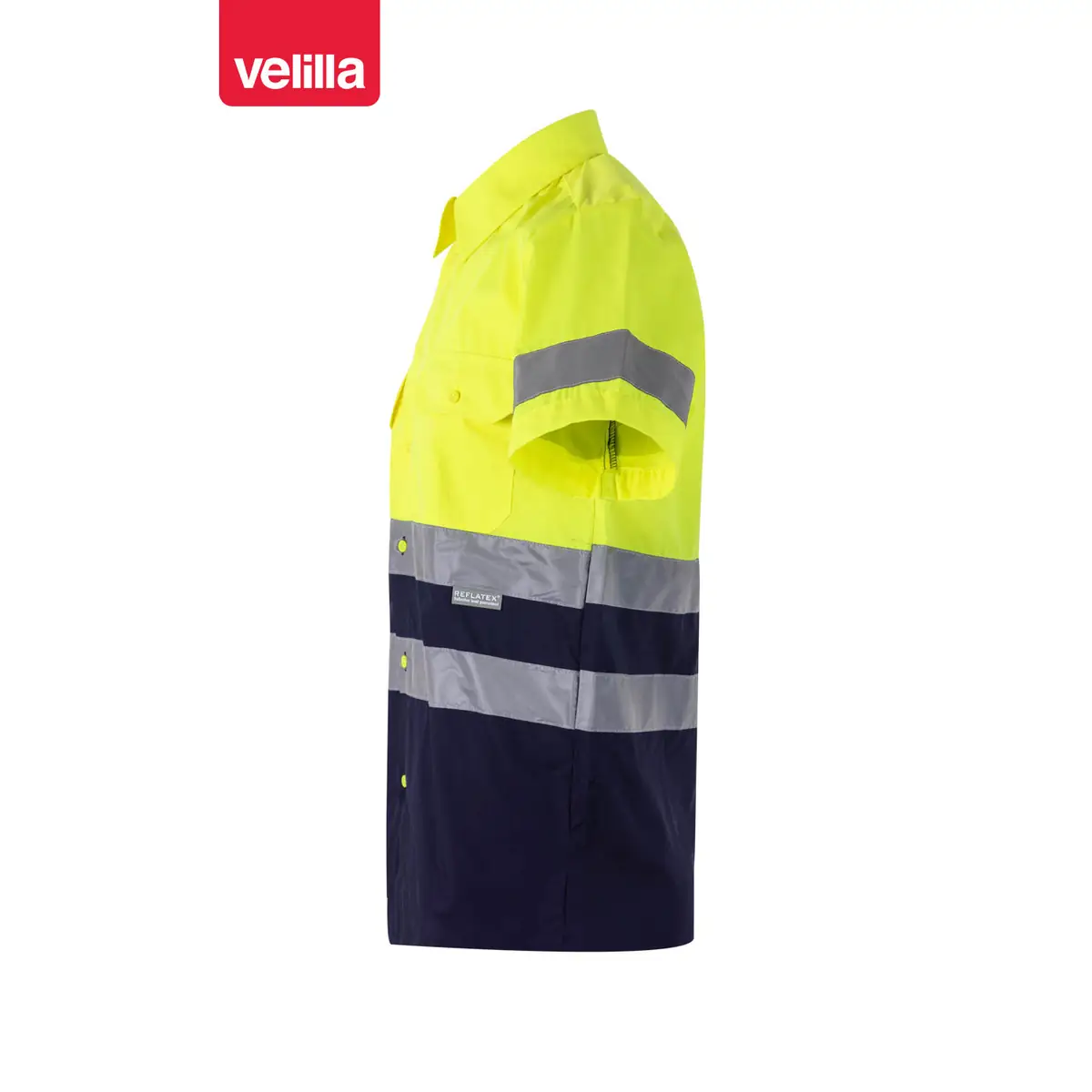 Camisa bicolor manga corta Velilla 142 2 Camisa bicolor manga corta Velilla 142 Azul marino/Amarillo flúor, vista lateral
