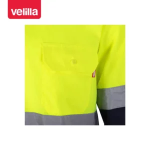 Camisa bicolor manga larga Velilla 144 Azul marino/Amarillo flúor, detalle de bolsillo del pecho