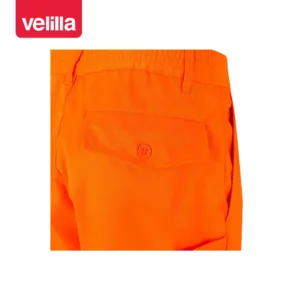 Pantalón alta visibilidad Velilla 160 Naranja flúor, detalle de cintura y bolsillo trasero con botón