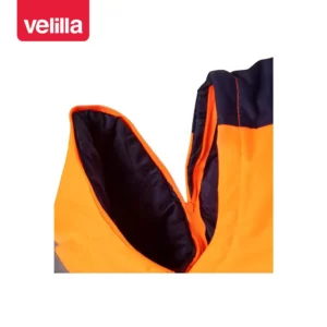 Cazadora acolchada bicolor Velilla 161 Azul marino/Naranja flúor, detalle de sisa con manga desmontada