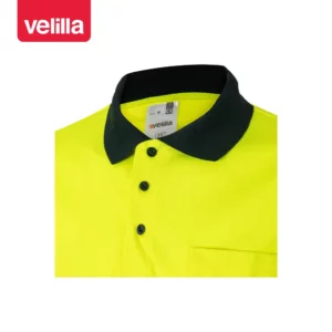 Polo bicolor manga corta Velilla 173 Azul marino/Amarillo flúor, detalle de cuello