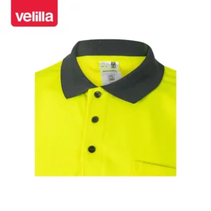 Polo bicolor manga corta Velilla 173 Gris/Amarillo flúor, detalle de cuello
