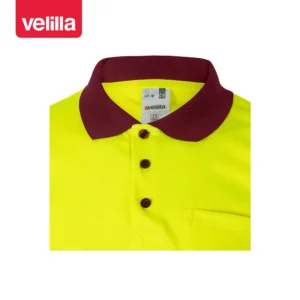 Polo bicolor manga corta Velilla 173 Granate/Amarillo flúor, detalle de cuello
