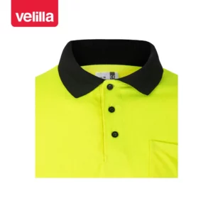 Polo bicolor alta visibilidad Velilla 175 Negro/Amarillo flúor, detalle de cuello y botones