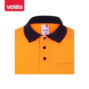 Polo bicolor alta visibilidad Velilla 175 Azul marino/Naranja flúor, detalle de cuello y botones