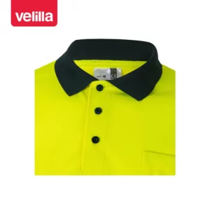 Polo bicolor alta visibilidad Velilla 175 Azul marino/Amarillo flúor, detalle de cuello y botones