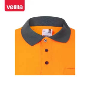 Polo bicolor alta visibilidad Velilla 175 Gris/Naranja flúor, detalle de cuello y botones