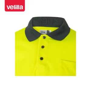 Polo bicolor alta visibilidad Velilla 175 Gris/Amarillo flúor, detalle de cuello y botones