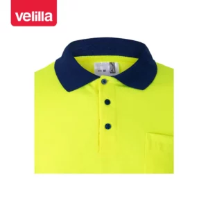 Polo bicolor alta visibilidad Velilla 175 Azulina/Amarillo flúor, detalle de cuello y botones