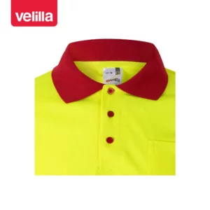 Polo bicolor alta visibilidad Velilla 175 Rojo/Amarillo flúor, detalle de cuello y botones