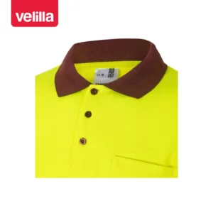 Polo bicolor alta visibilidad Velilla 175 Granate/Amarillo flúor, detalle de cuello y botones