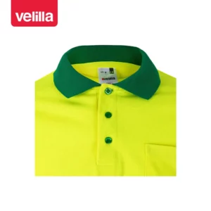 Polo bicolor alta visibilidad Velilla 175 Verde hierba/Amarillo flúor, detalle de cuello y botones