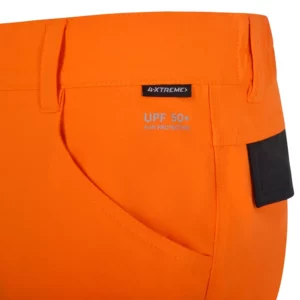 Pantalón técnico Velilla 303030X V.Dynamix Hi Vis Negro/Naranja flúor, detalle de bolsillo delantero y marcado UPF