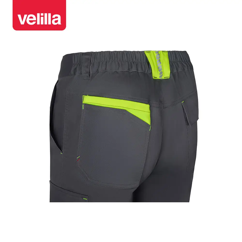 Pantalón reciclado bicolor Velilla 303032S 5 Pantalón reciclado bicolor Velilla 303032S Gris/Amarillo flúor, detalle de bolsillo trasero y cintura