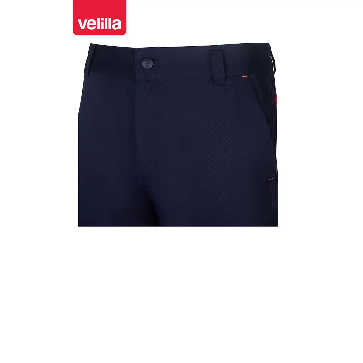Pantalón reciclado bicolor Velilla 303032S 8 Pantalón reciclado bicolor Velilla 303032S Azul navy/Naranja flúor, detalle de cinturilla y cierre