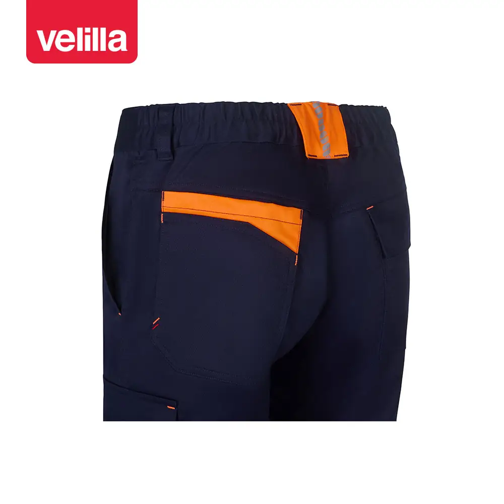 Pantalón reciclado bicolor Velilla 303032S 9 Pantalón reciclado bicolor Velilla 303032S Azul navy/Naranja flúor, detalle de bolsillo trasero y cintura