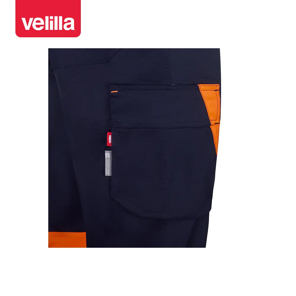 Pantalón reciclado bicolor Velilla 303032S 10 Pantalón reciclado bicolor Velilla 303032S Azul navy/Naranja flúor, detalle de bolsillo lateral