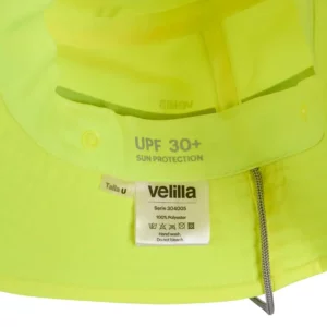 Gorro con cubrenucas Velilla 304005 Amarillo flúor, detalle de interior y etiqueta