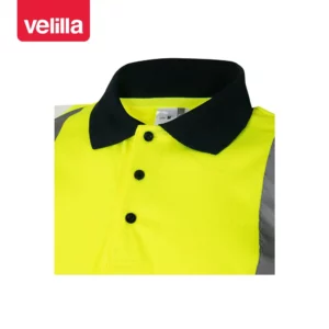 Polo bicolor manga corta Velilla 305502 Azul marino/Amarillo flúor, detalle de cuello y botones